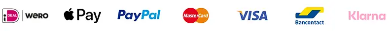 iDeal, Paypal, VISA, MasterCard, Bancontact, Klarna betaling logo's