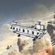 Chinook helicopter vliegend door een oorlogsgebied met explosies op de achtergrond