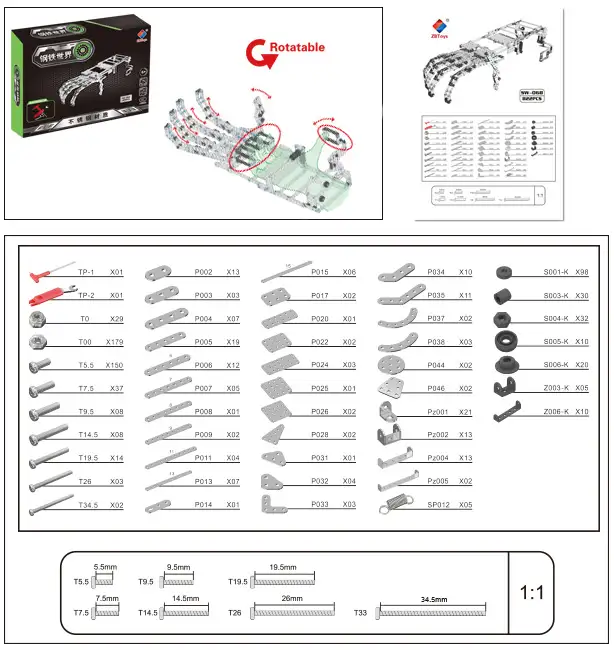 Schematisch overzicht van onderdelen mechanische hand