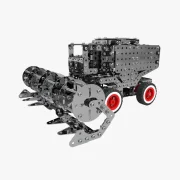 Isometrisch aanzicht oogstmachine met rode velgen