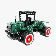Isometrisch aanzicht groene tractor met rode velgen