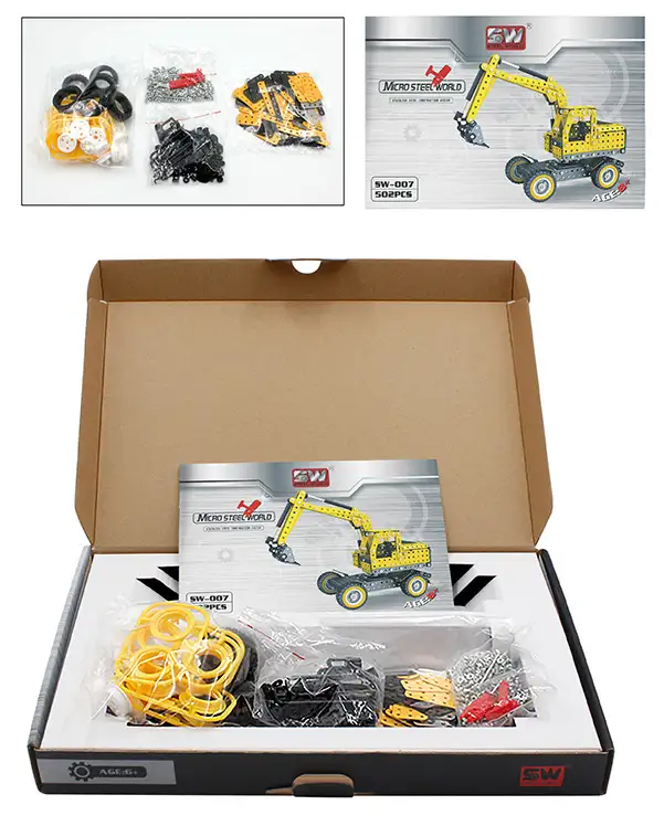 Verpakking inhoud gele graafmachine