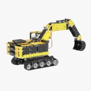 Achteraanzicht gele zware graafmachine