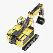 Achteraanzicht gele zware graafmachine