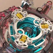 Detailfoto van het lichaam met ingebouwde LED van de rode mechanische krab