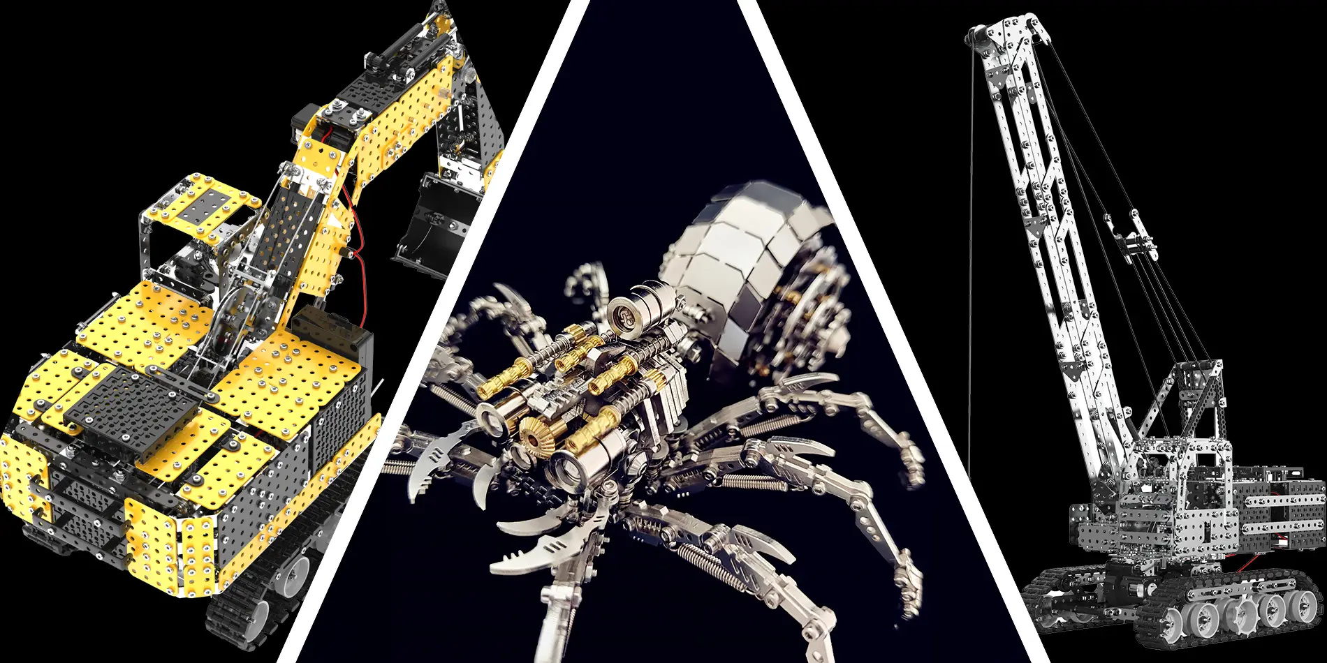 Collage van 3 bouwpakketten: de Zware Graafmachine, Reuzenspin en de Zware Hijskraanwagen