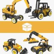 De zwart/gele heftruck, containerheftruck, graafmachine en shovel opgesteld als een bundelpakket