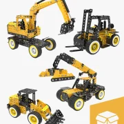 De zwart/gele heftruck, containerheftruck, graafmachine en shovel opgesteld als een bundelpakket