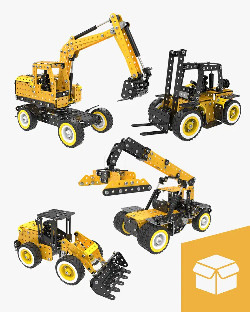 De zwart/gele heftruck, containerheftruck, graafmachine en shovel opgesteld als een bundelpakket