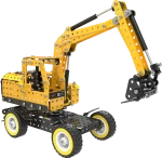 Vooraanzicht van een zwart/gele graafmachine